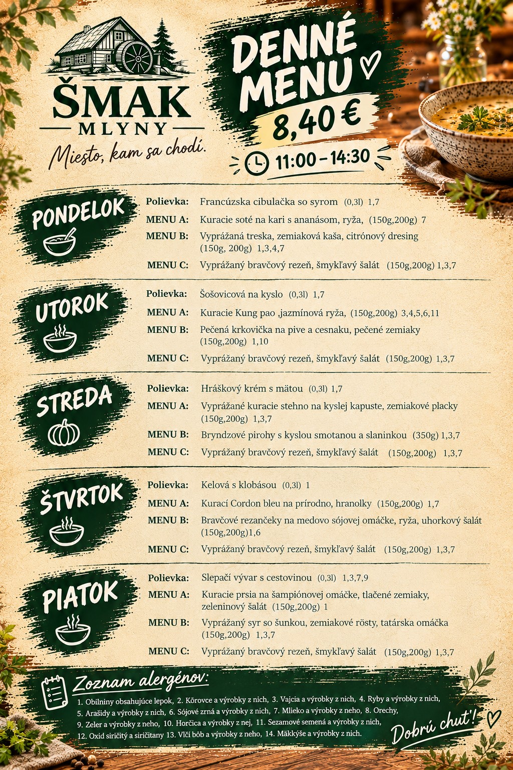 Denné menu od 5. do 9. októbra 2026, cena 8,40 €, podávané od 11:00 do 14:30